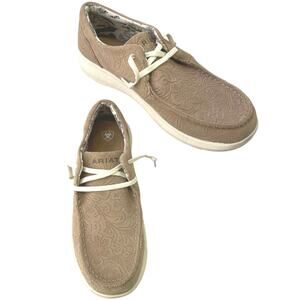 Ariat Womens Hilo Floral Emboss Tan Leather Shoe S 10B Comfy Cushy Lace Slip On